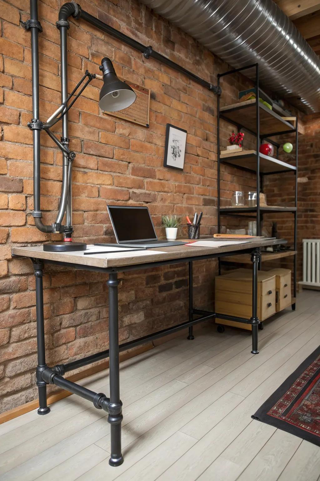 Metal piping as supports lend your desk an unrefined, industrial allure.
