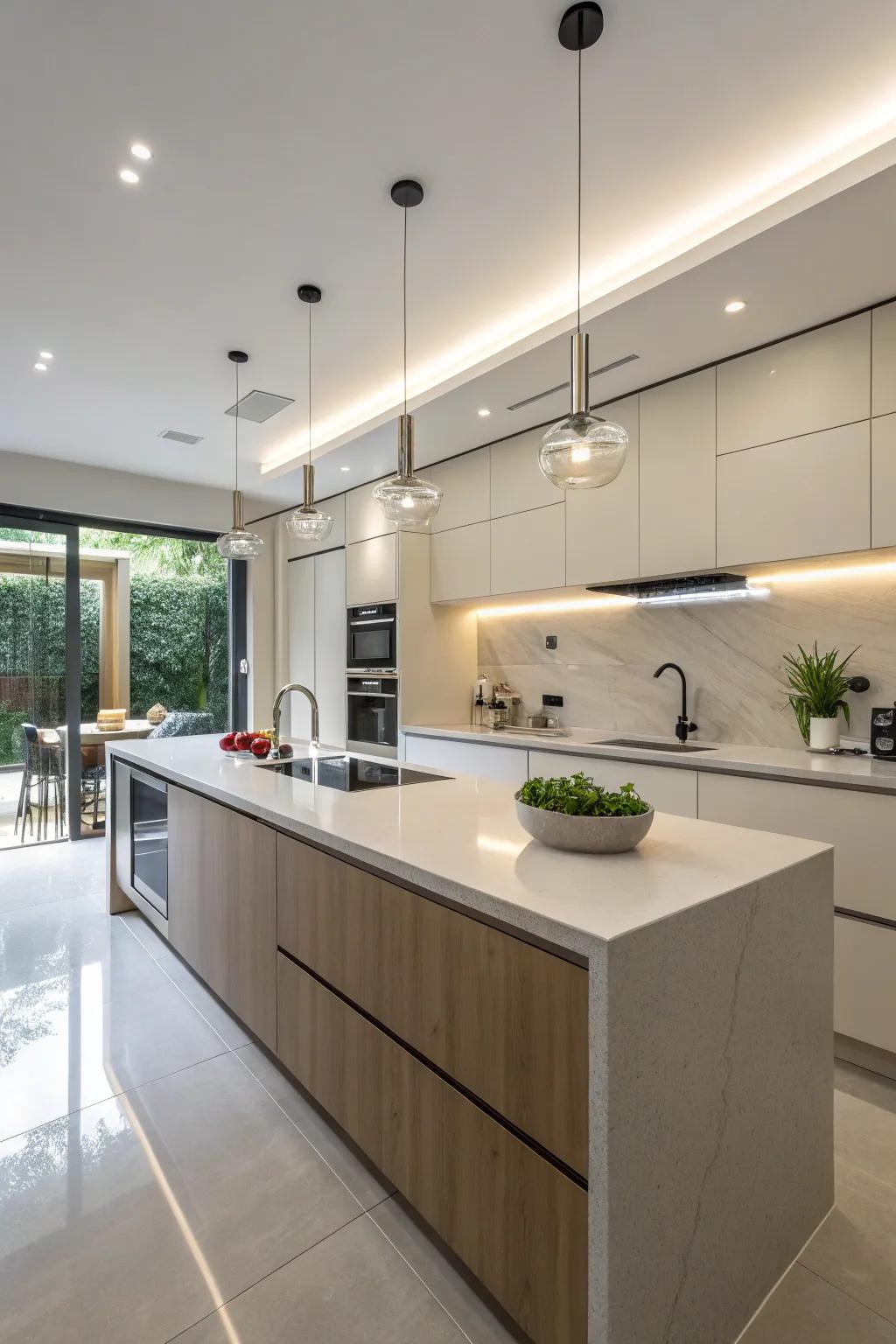 Solid surface countertops offer a pristine, contemporary style, ideal for seamless designs.