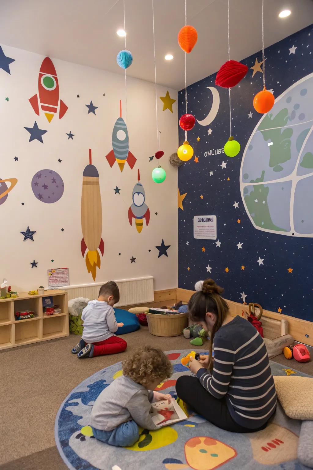 A cosmic adventure is on the horizon in this space-themed classroom.