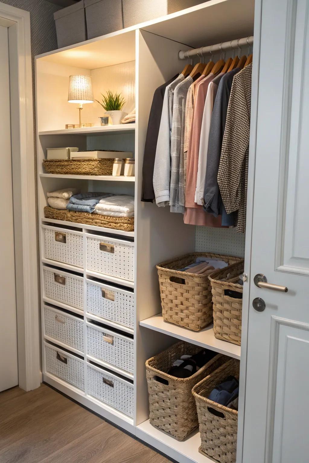 Simplify your closet routine using convenient sliding baskets.