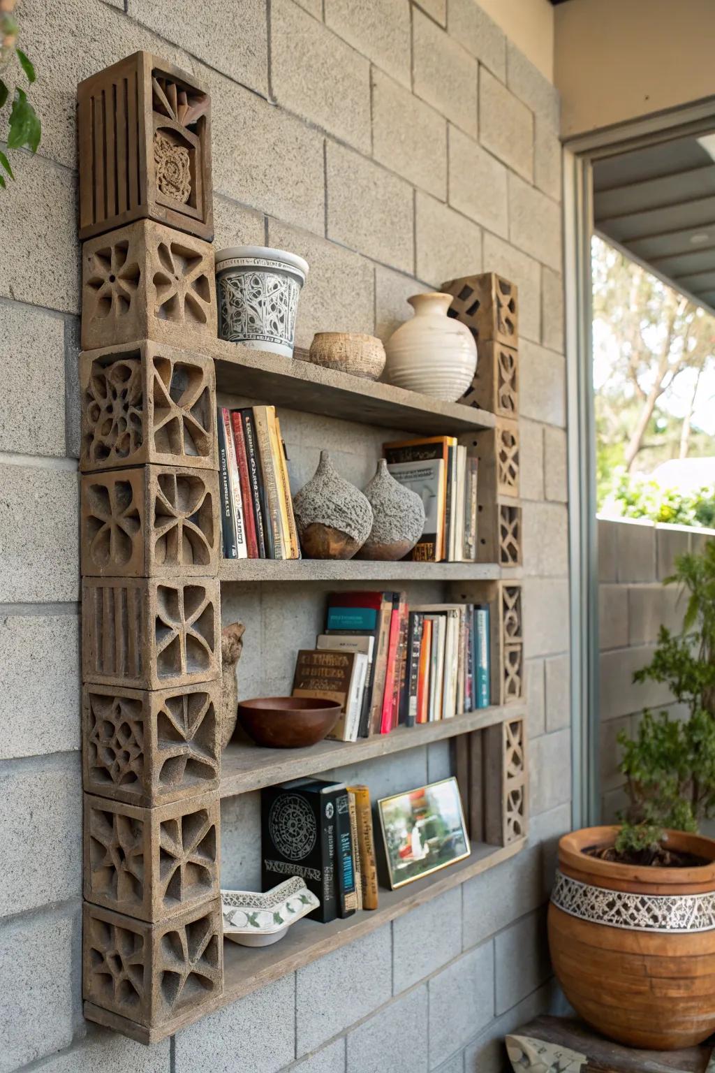 Sculptural shelves on a cinder block wall create a sophisticated display.