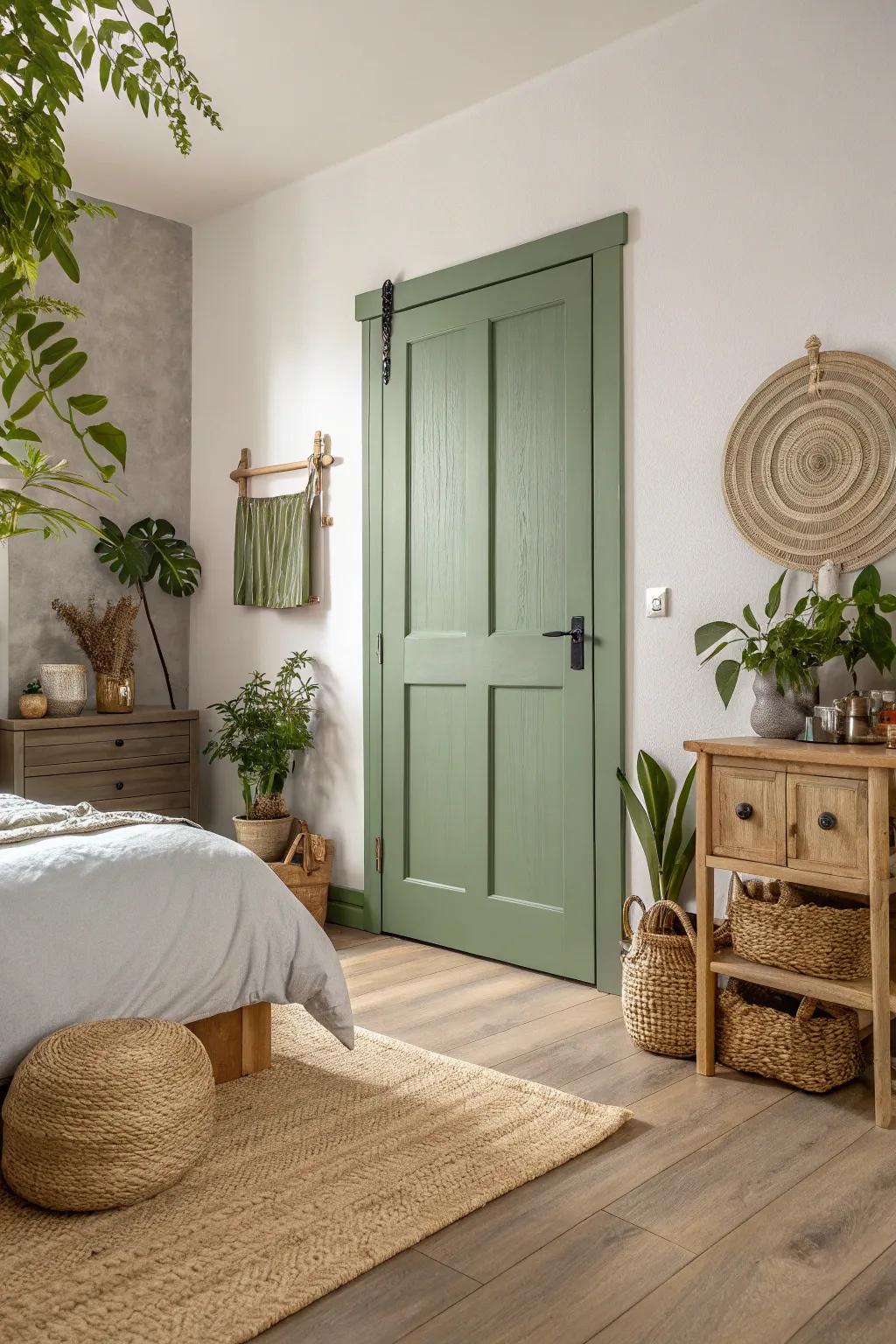 Earthy green doors conveying a hint of serenity.