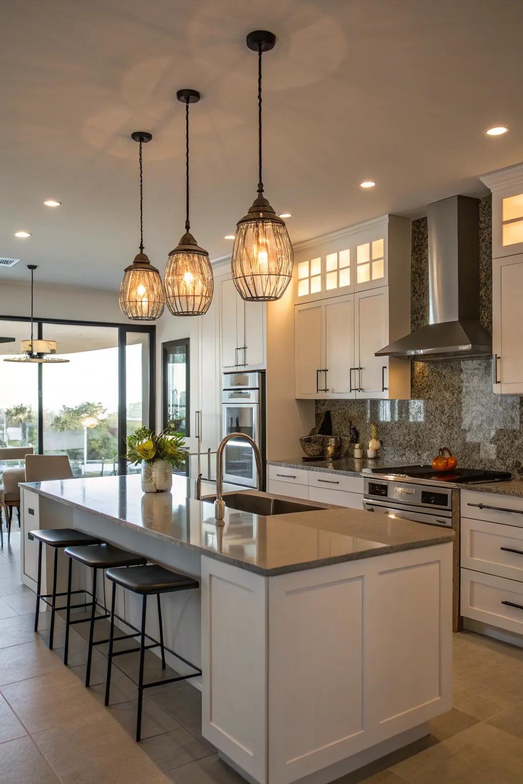 Hanging lights including design and practicality to a cooking surface.