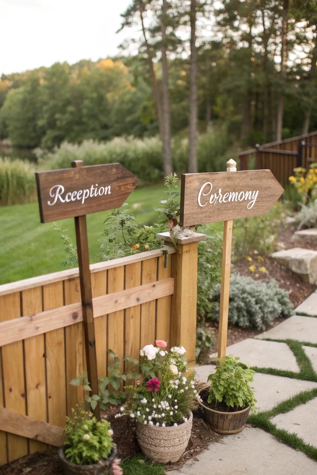 Custom signage provides a distinctive touch to a backyard wedding.