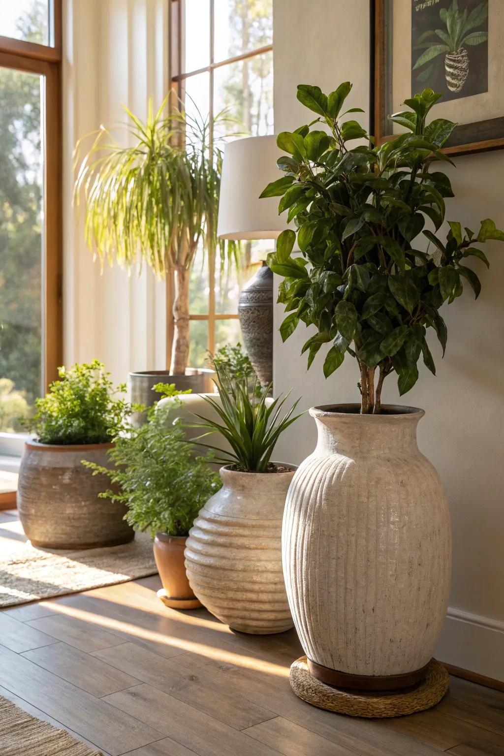 Pottery vessels and planters add a rustic touch to your decor.