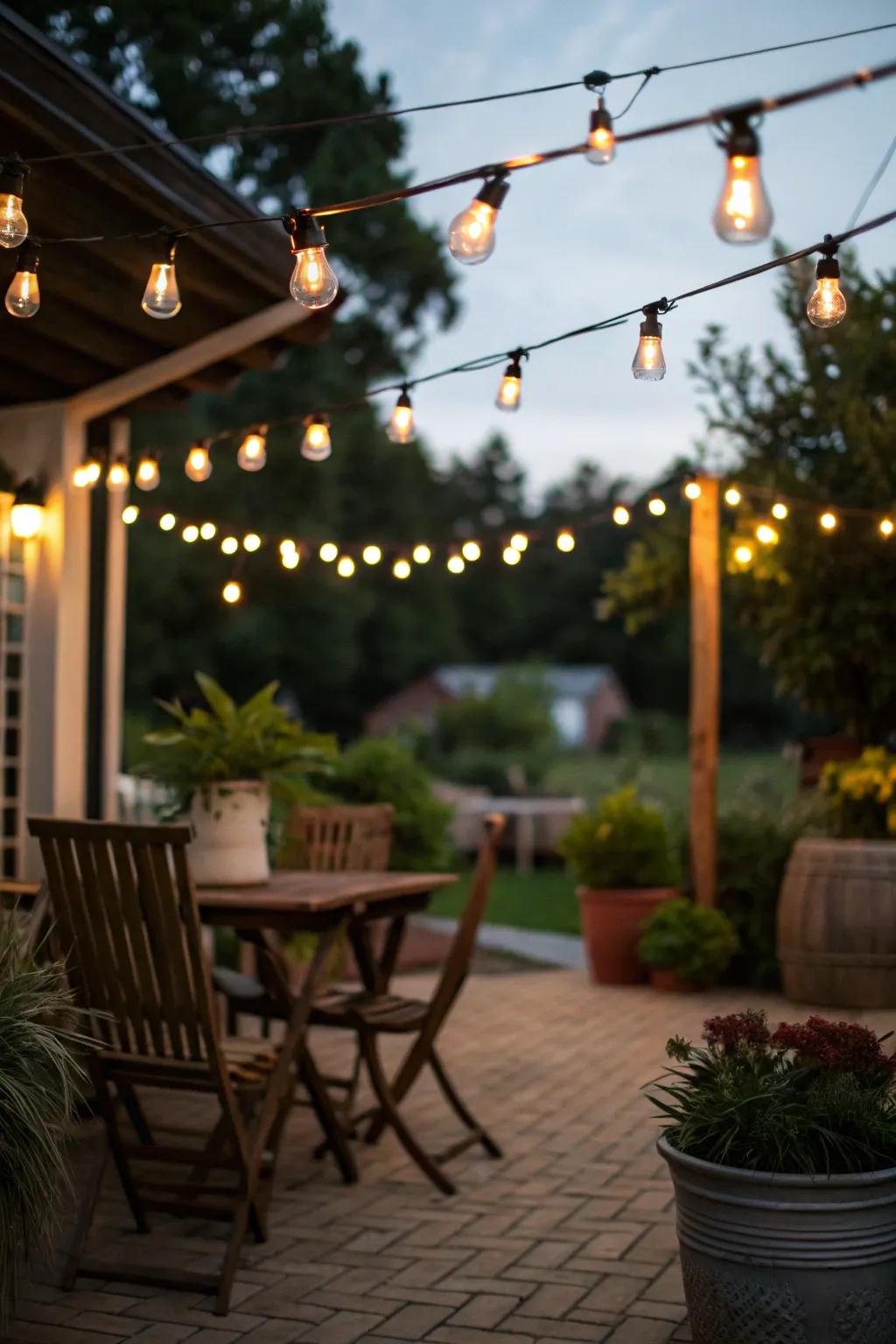 Delicate lights create an inviting and warm ambiance on an Italian patio.