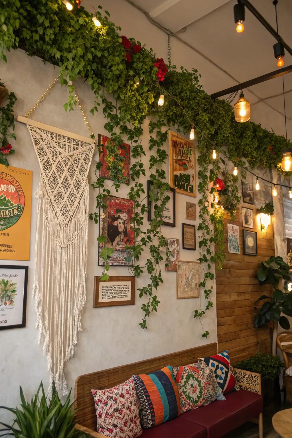 A free-spirited greenery display with diverse decorations, crafting an artistic and snug vibe.