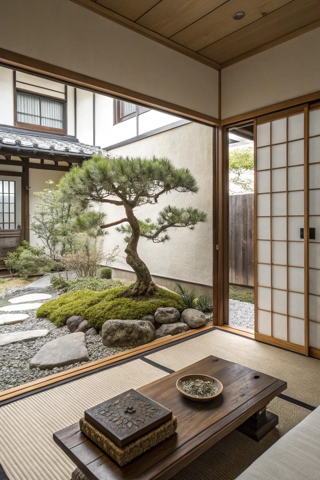 A miniature tree and Zen garden bring tranquility to this living room setting.