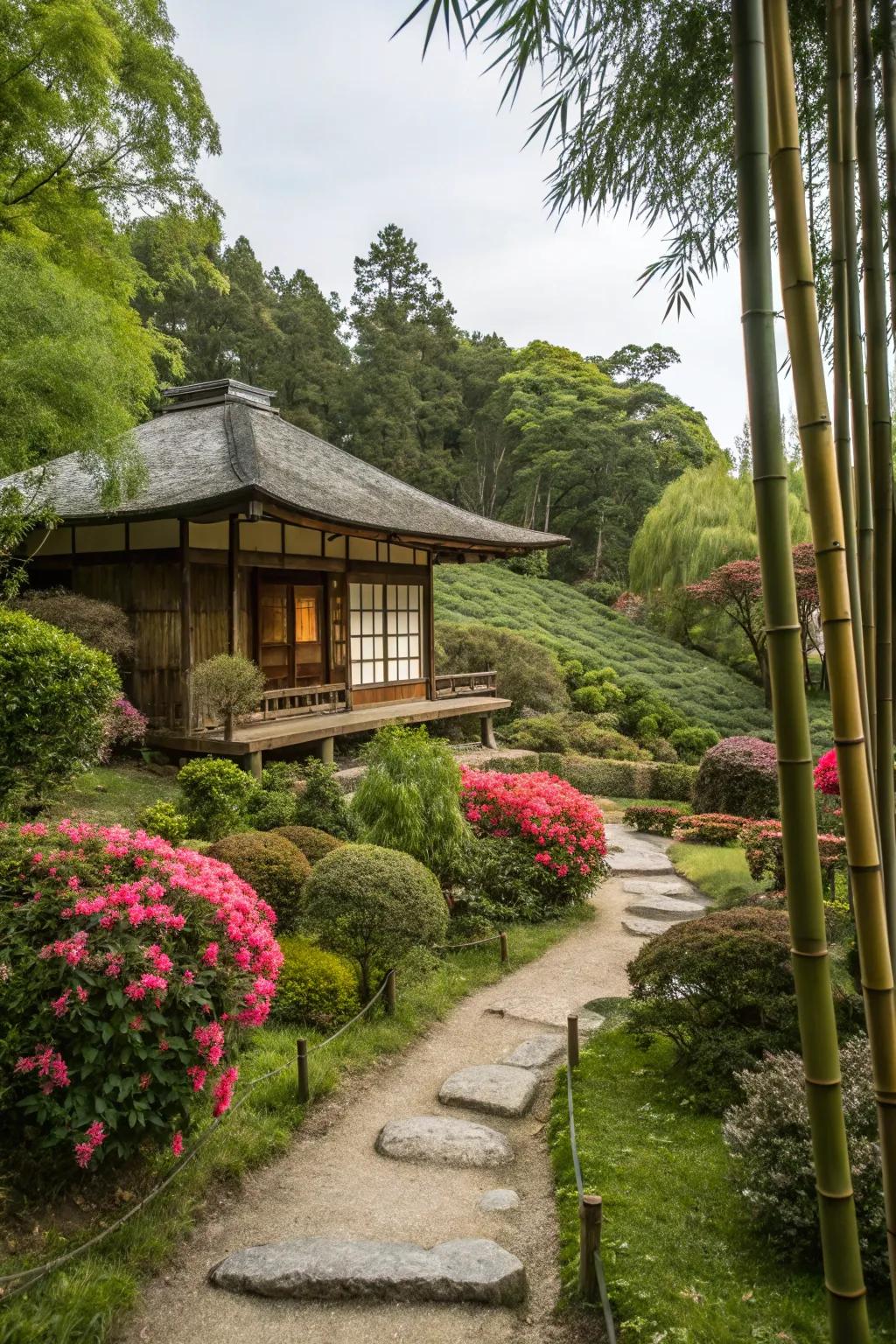 A traditional teahouse bordered by greenery within a Japanese garden.