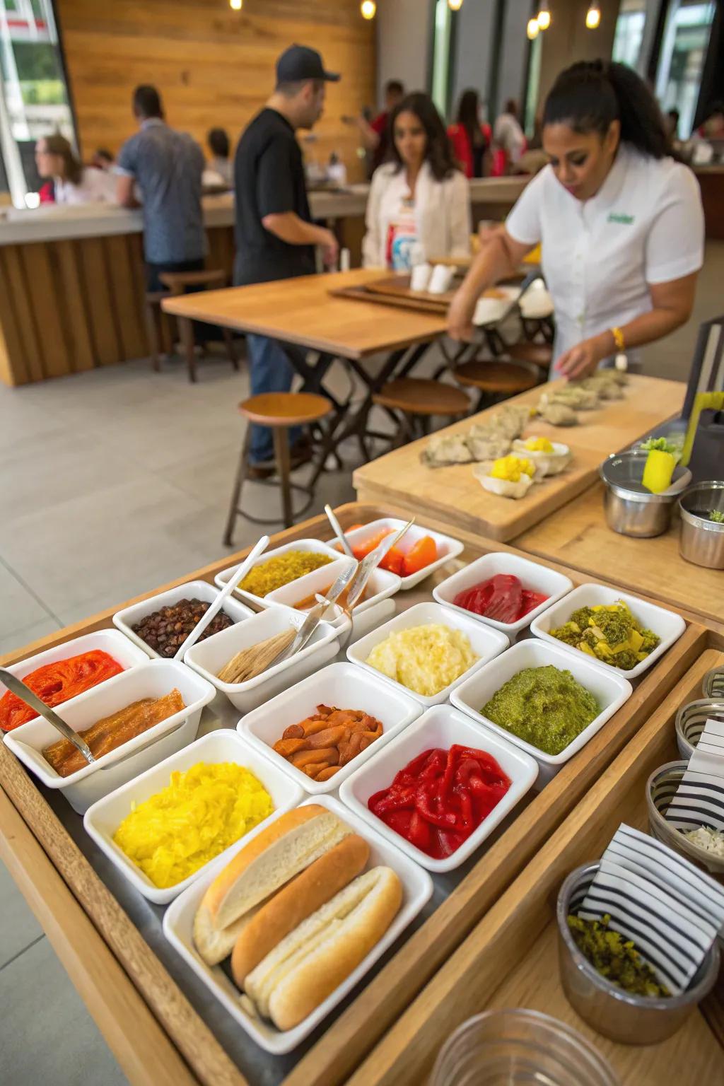 Let guests personalize their meal with a gourmet frank bar.