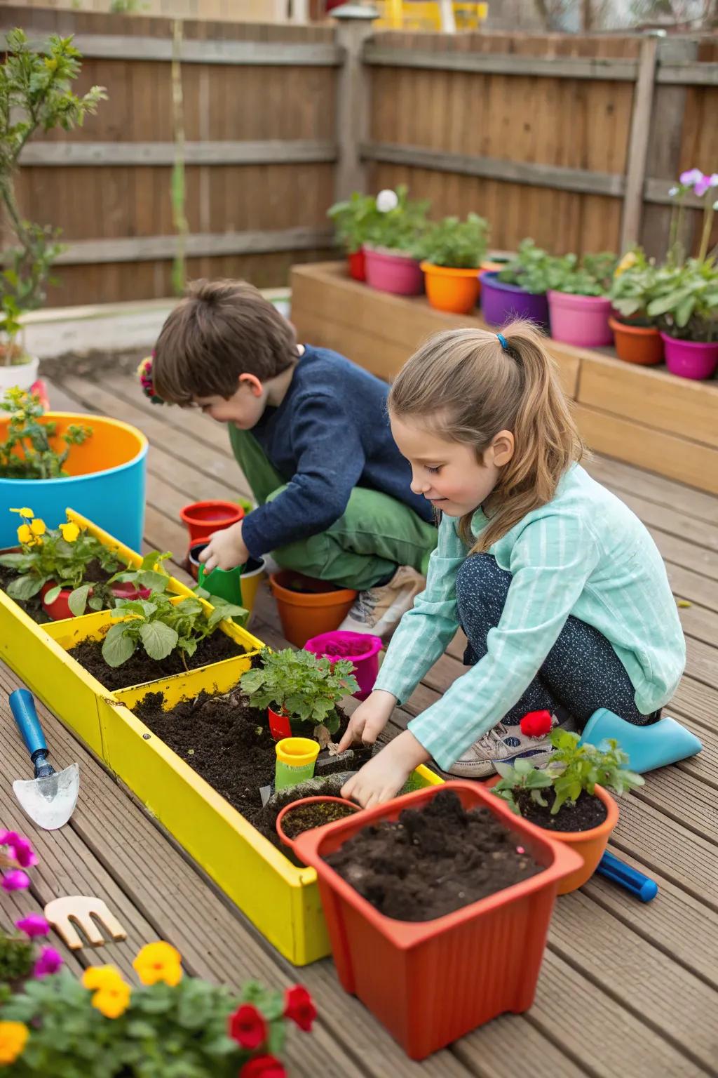 A small deck garden where children are engaged in planting both flowers and vegetables.