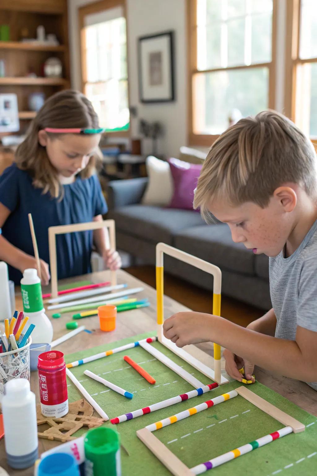 Children engaged in the art of constructing mini goalposts as a party amusement.