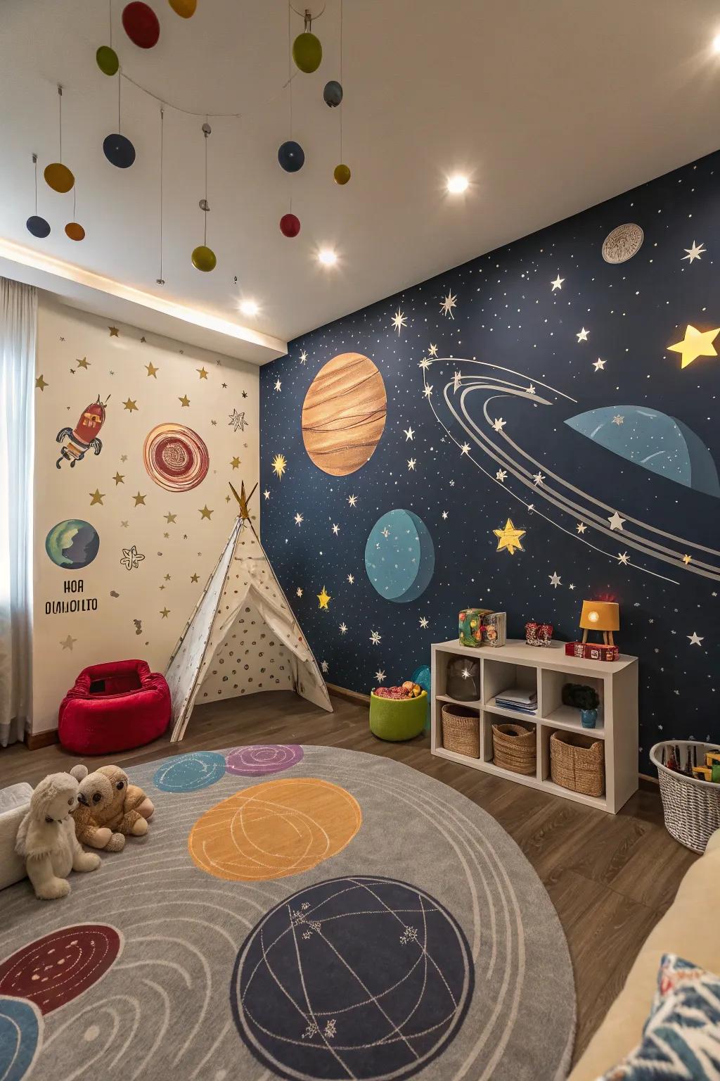 A playroom takes you on a space expedition using its cosmic-themed wallpaper.
