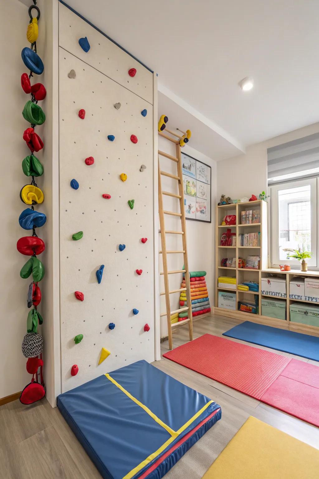 Climbing structures support both enjoyment and exercise within a child’s room.
