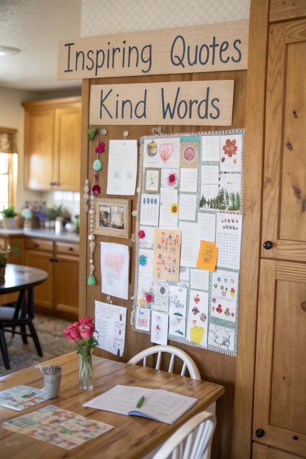 A kitchen kindness bulletin board featuring inspiring sayings and expressions of encouragement.