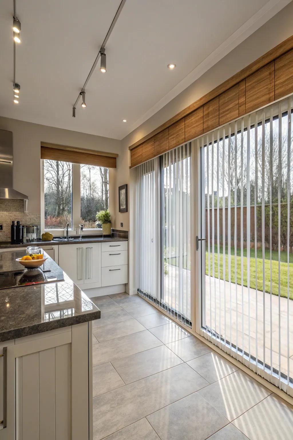 Contemporary upright blinds in a spacious kitchen