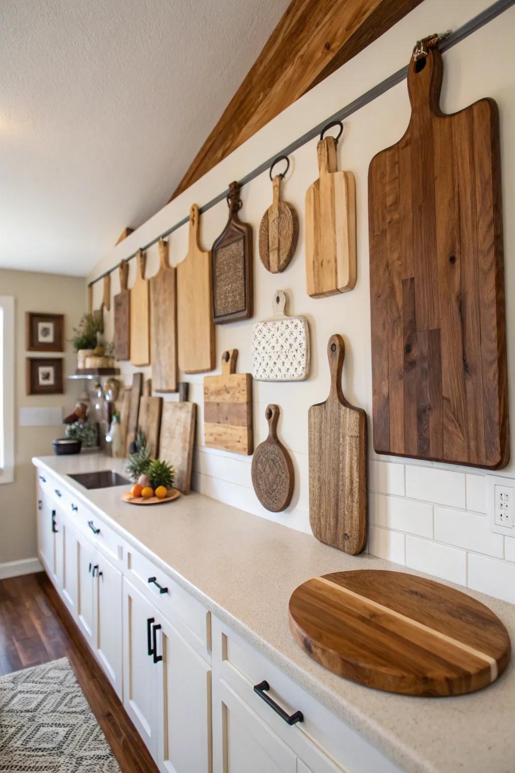 A display partition of chopping surfaces becomes a striking artistic feature in the culinary space.
