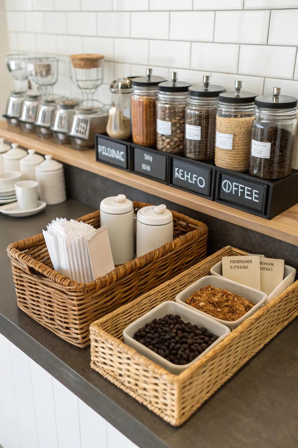 Systemizing solutions keeps your coffee bar structured and attractive.