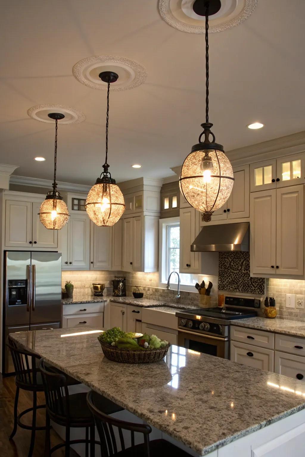 A cluster of pendant lights adds depth and intrigue to the kitchen's design.