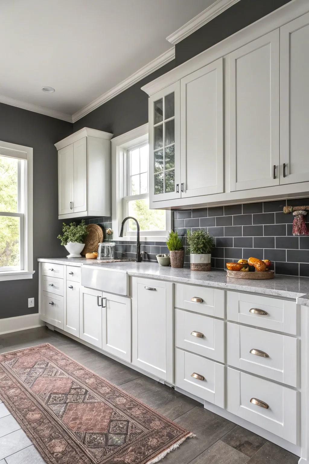 Charcoal gray walls offer a chic and modern contrast to white cabinets.