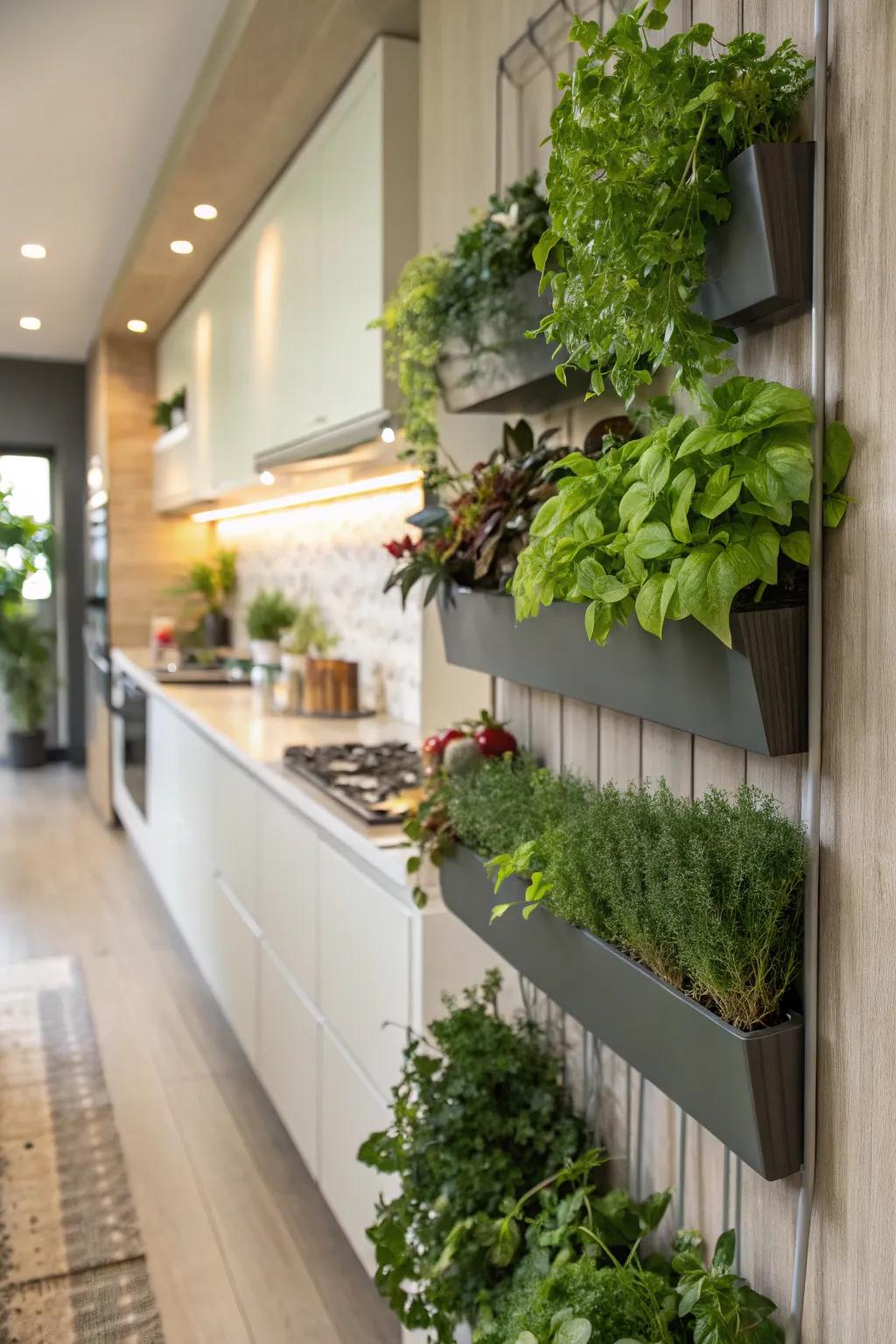 Paneling integrated with greenery introduces life and freshness.