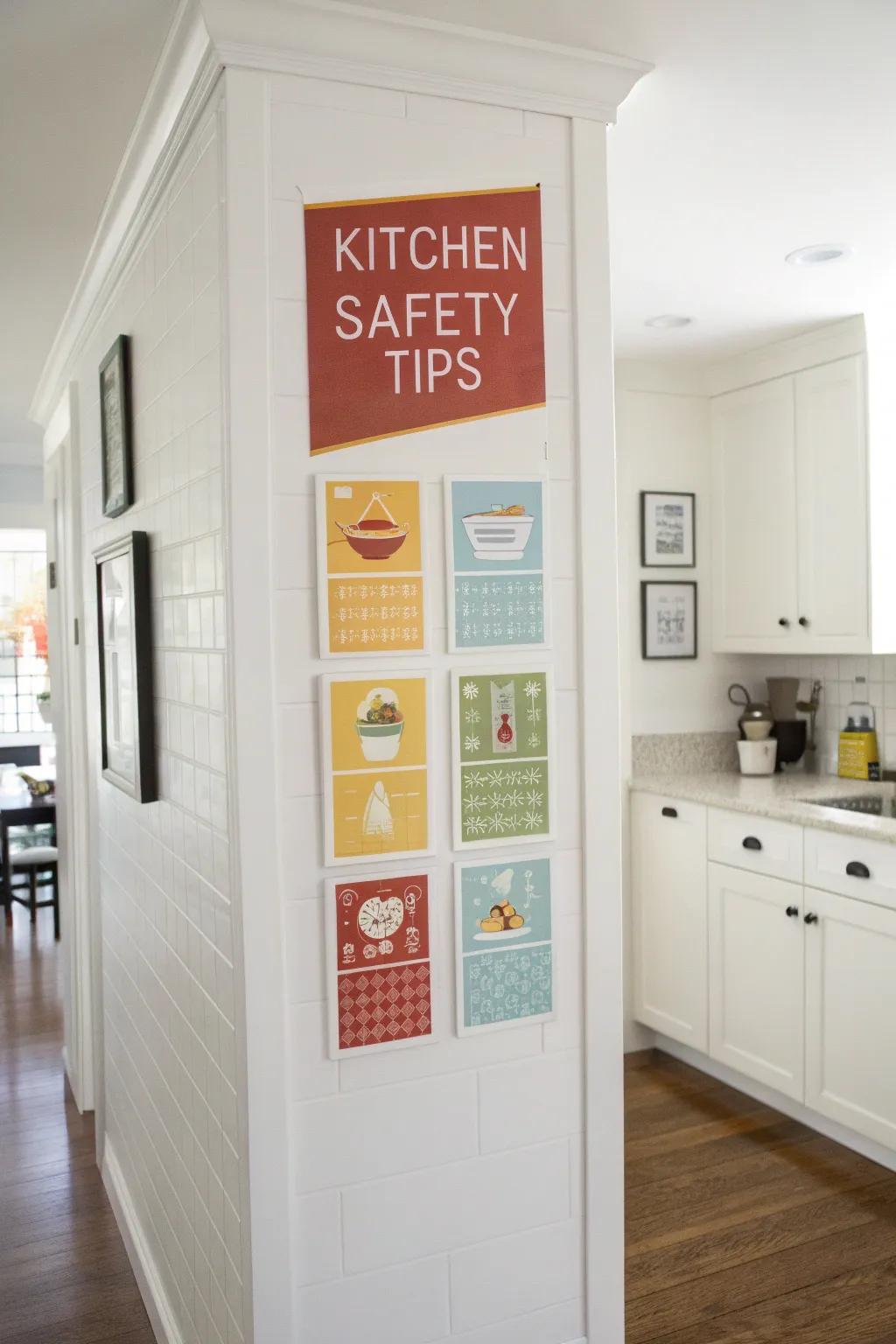 Fashionable kitchen safety tip posters for a secure yet trendy kitchen.