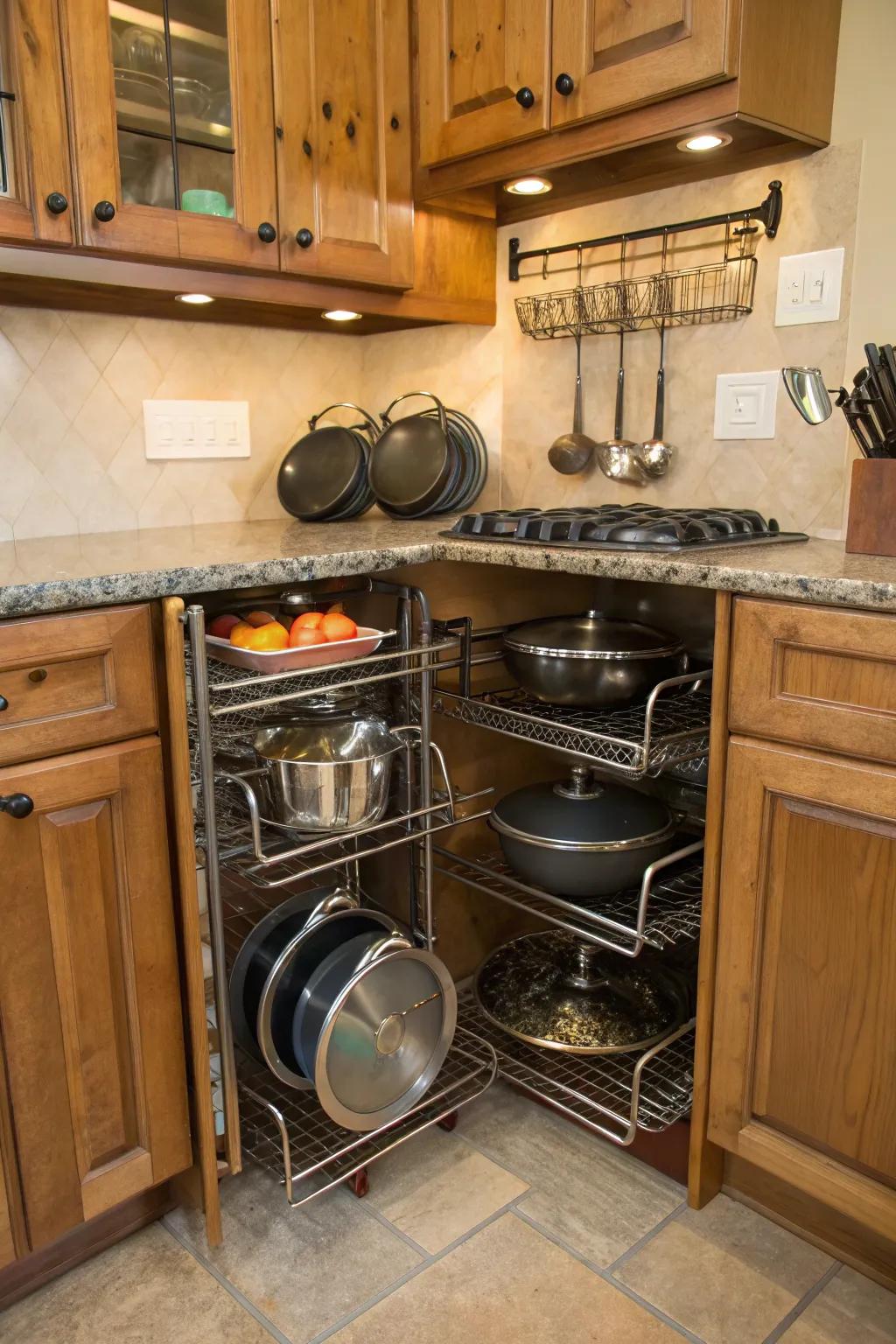 Employ corner areas utilizing inventive rack concepts to amplify kitchen storage.