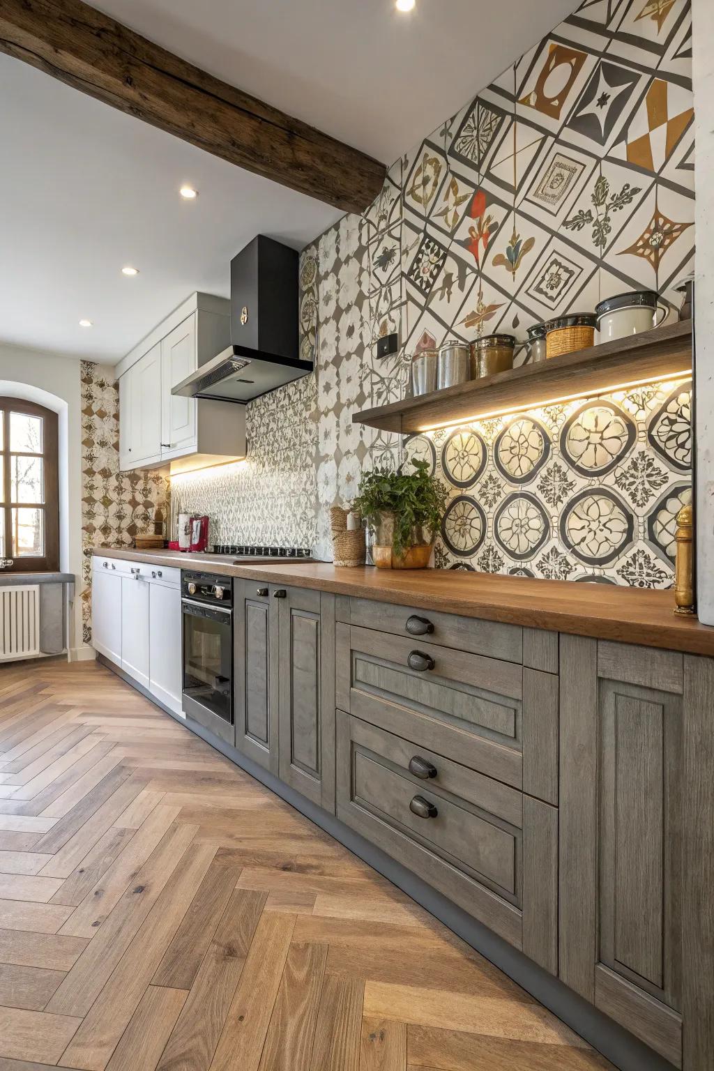 A kitchen featuring a combination of decorative tiles and timber flooring for added character.