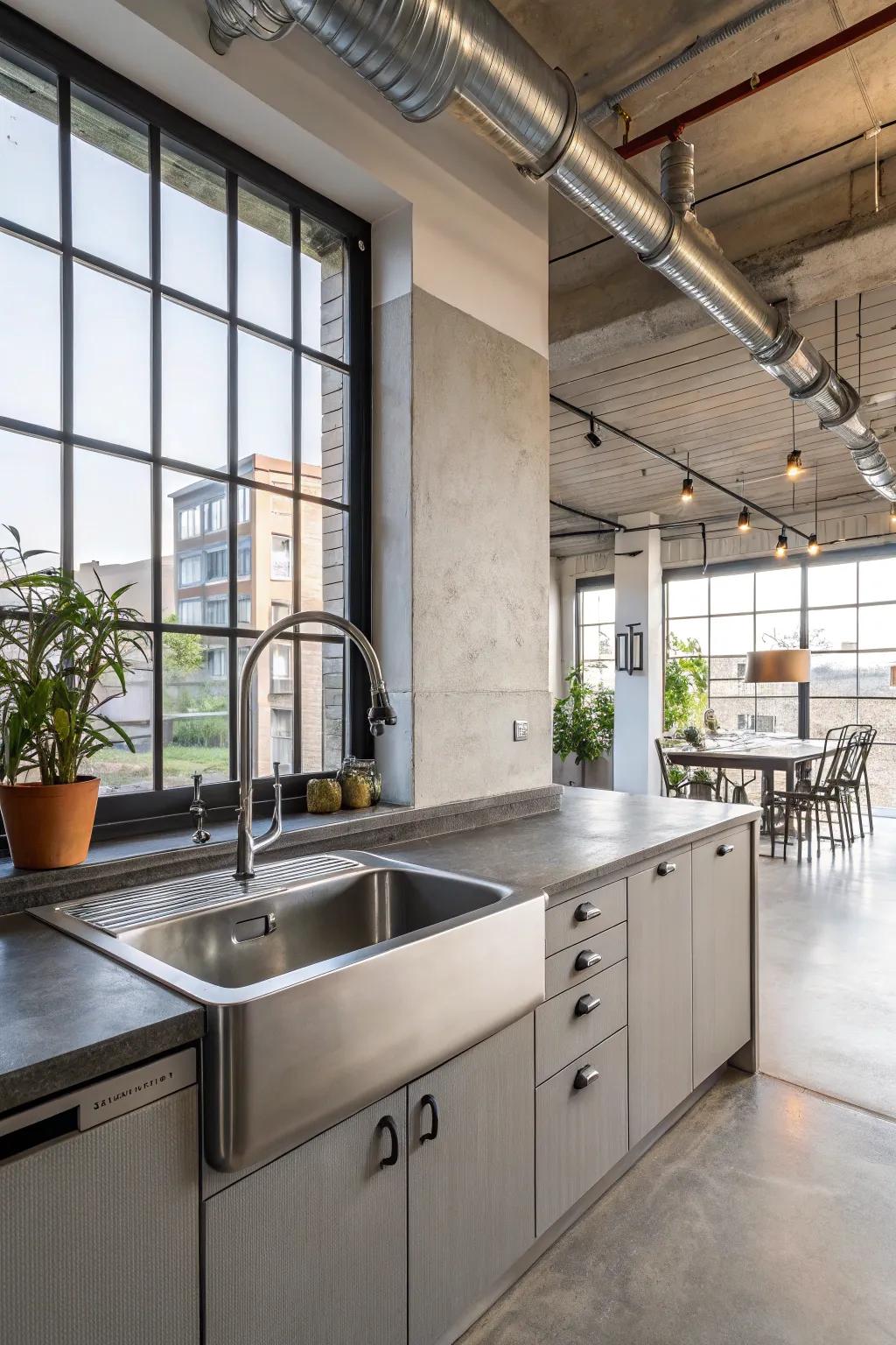 A modern kitchen showcasing a robust and elegant stainless steel sink.