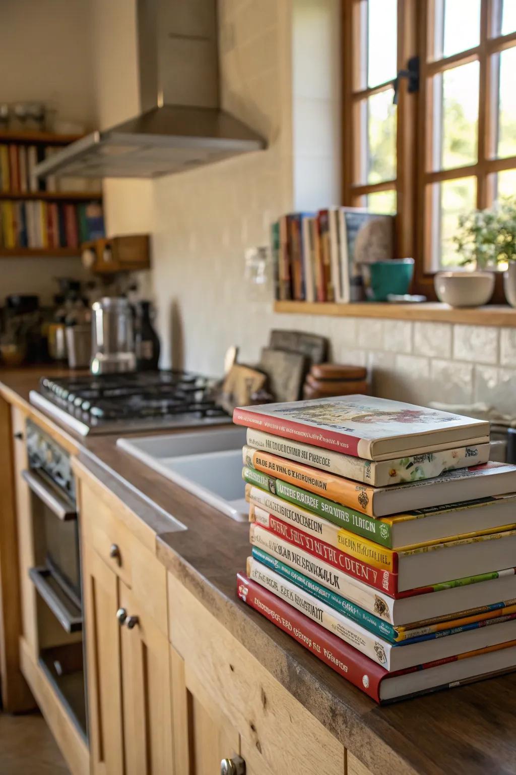Cookbooks offer both functionality and style in kitchen decor.
