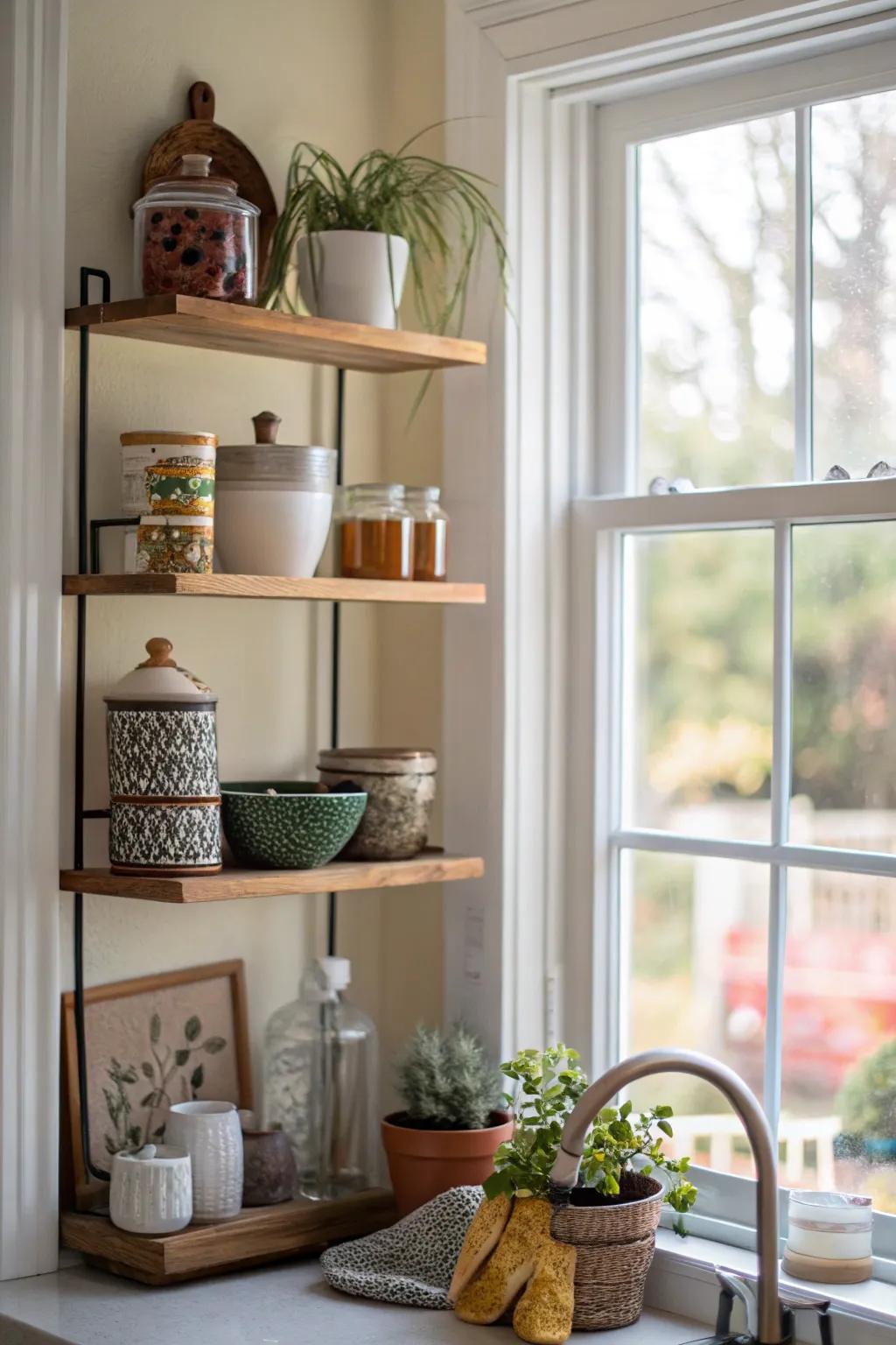 Inventive shelf layouts introduce an artistic touch to the kitchen.