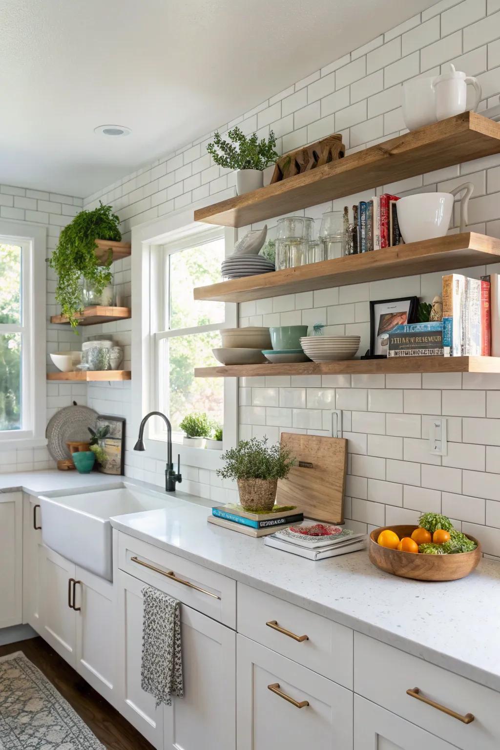 Off-balance shelves introduce dynamic interest and ingenuity.