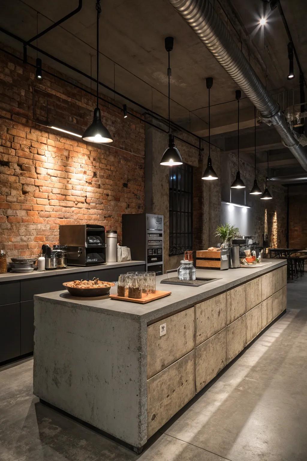 Concrete countertops infuse kitchen spaces with a raw, urban sophistication.