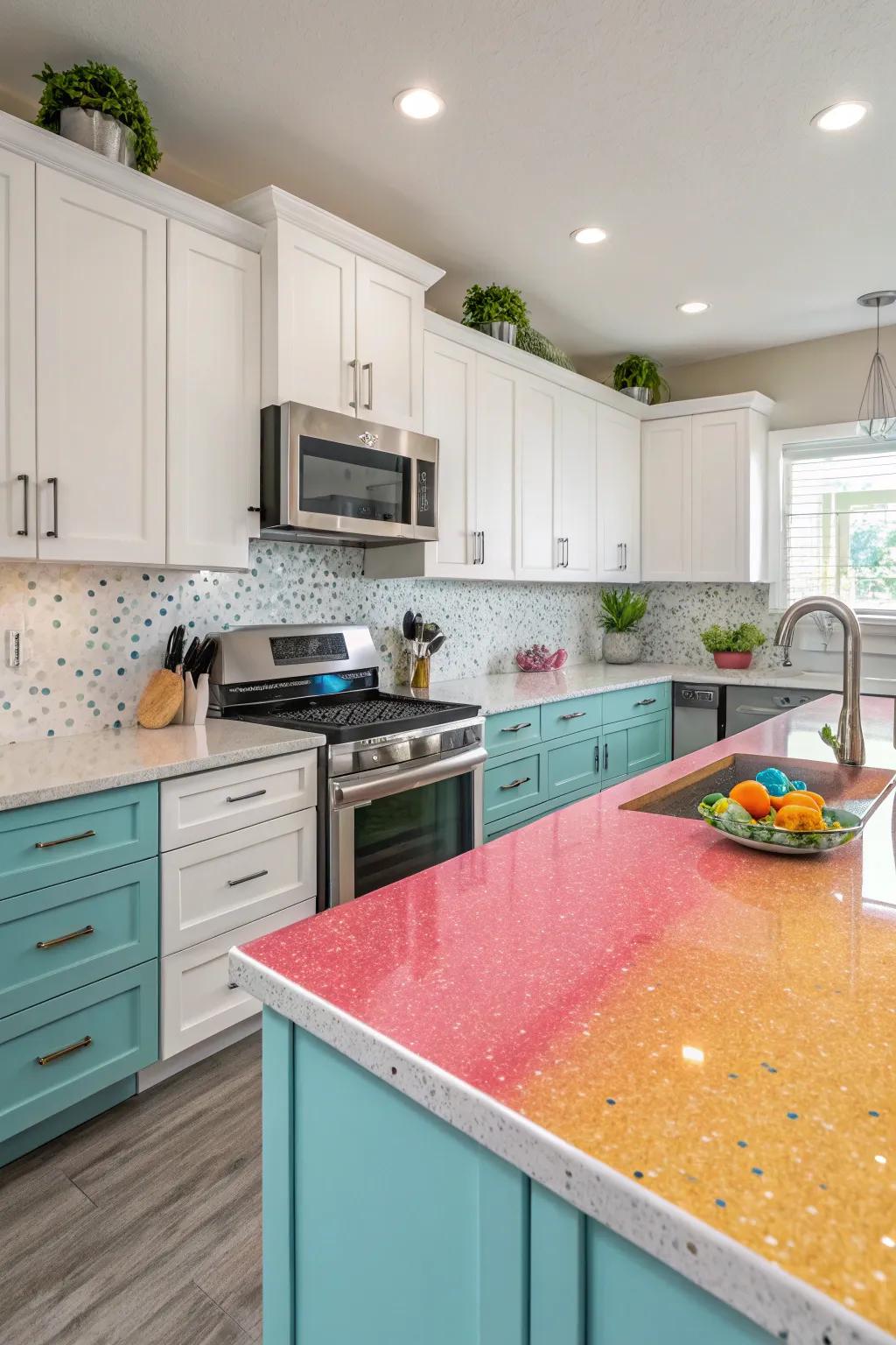 Colorful quartz worktops introducing a touch of personality.