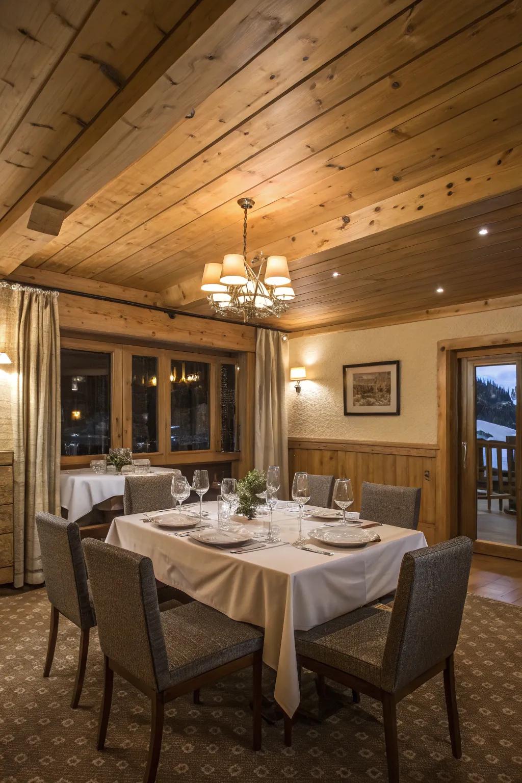 A dining space where pine clad ceilings enhance the dining experience.