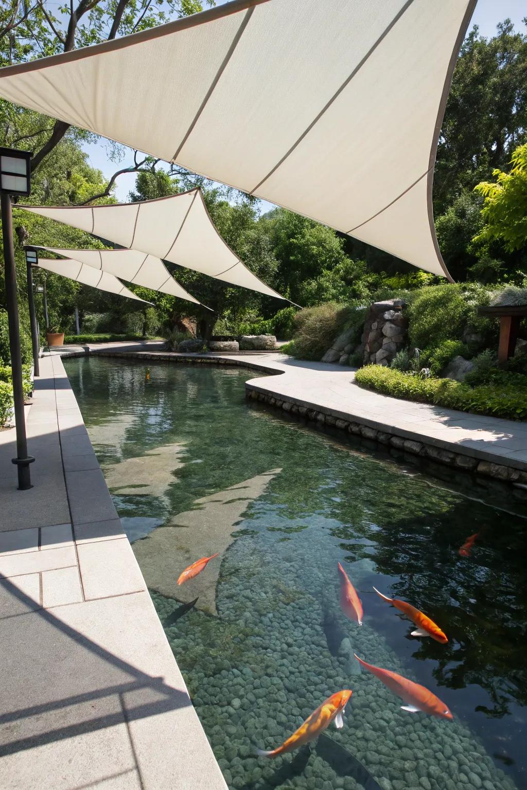 Sail shades offer a sleek, contemporary look to a koi pond.