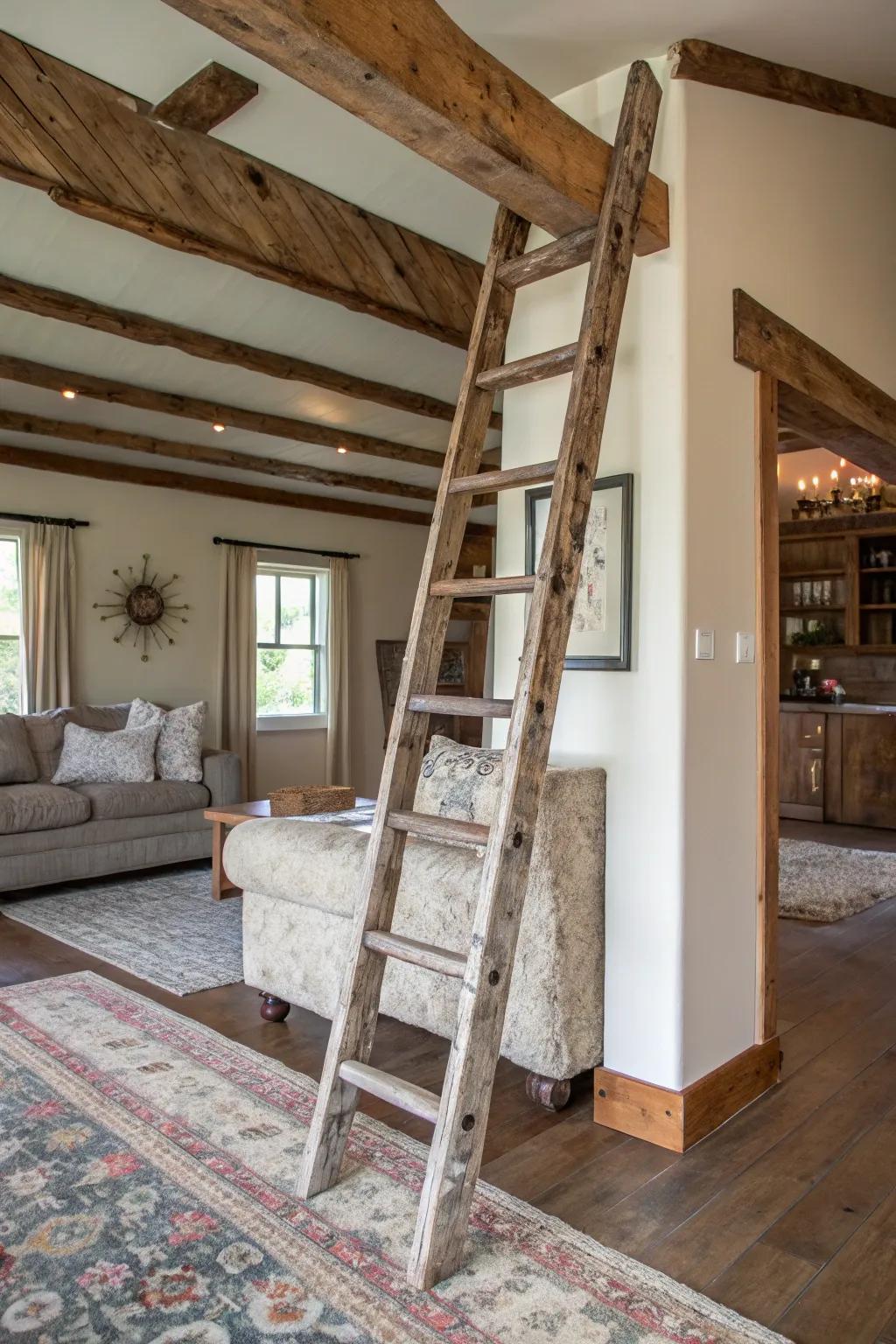 A distressed ladder enhances the rural appeal of your decor.