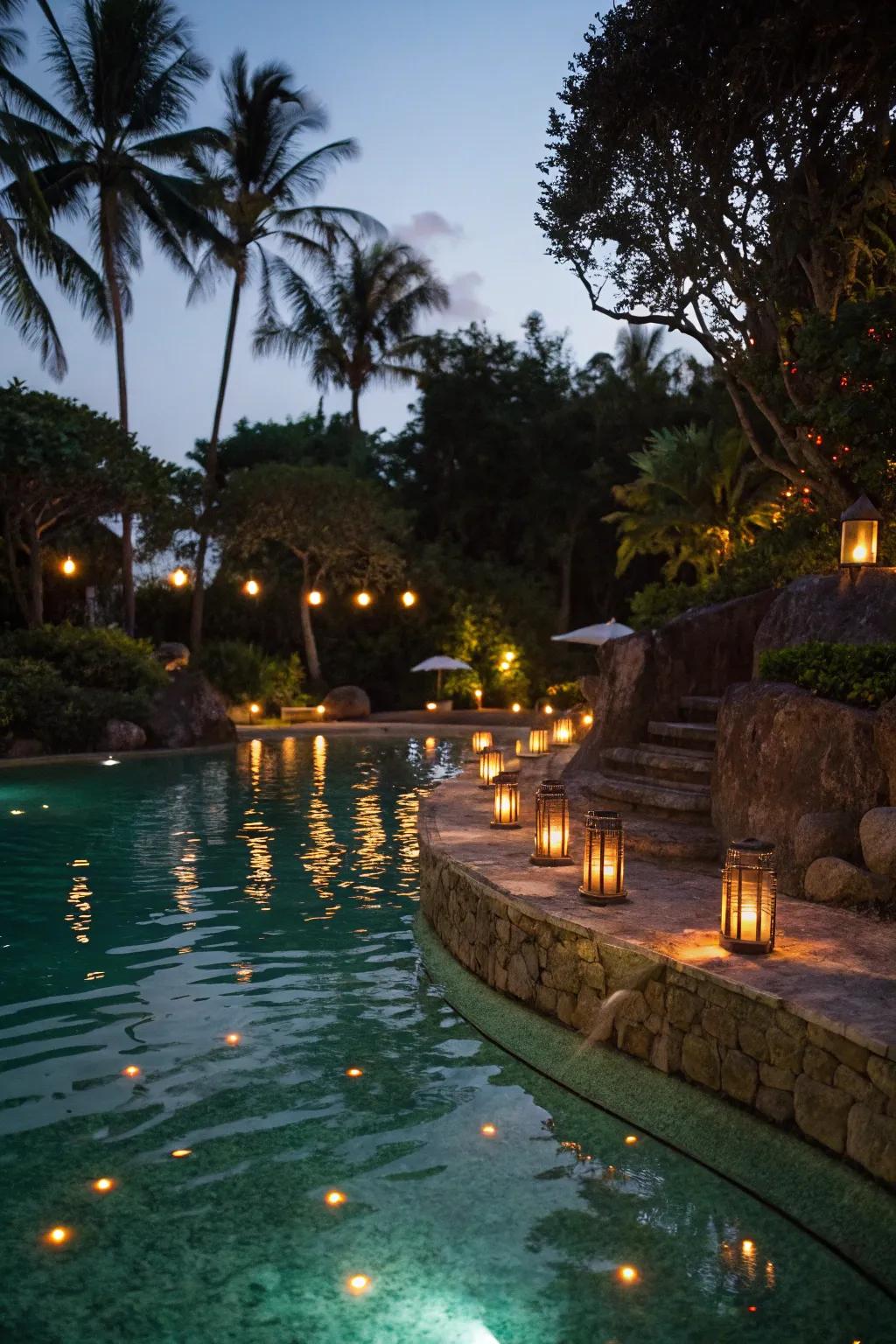 Subtle lighting transforms lagoon pools into enchanting nightscapes.