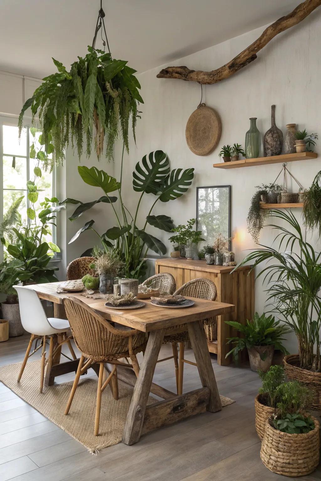 Natural accents impart vitality and individuality to the eating space.