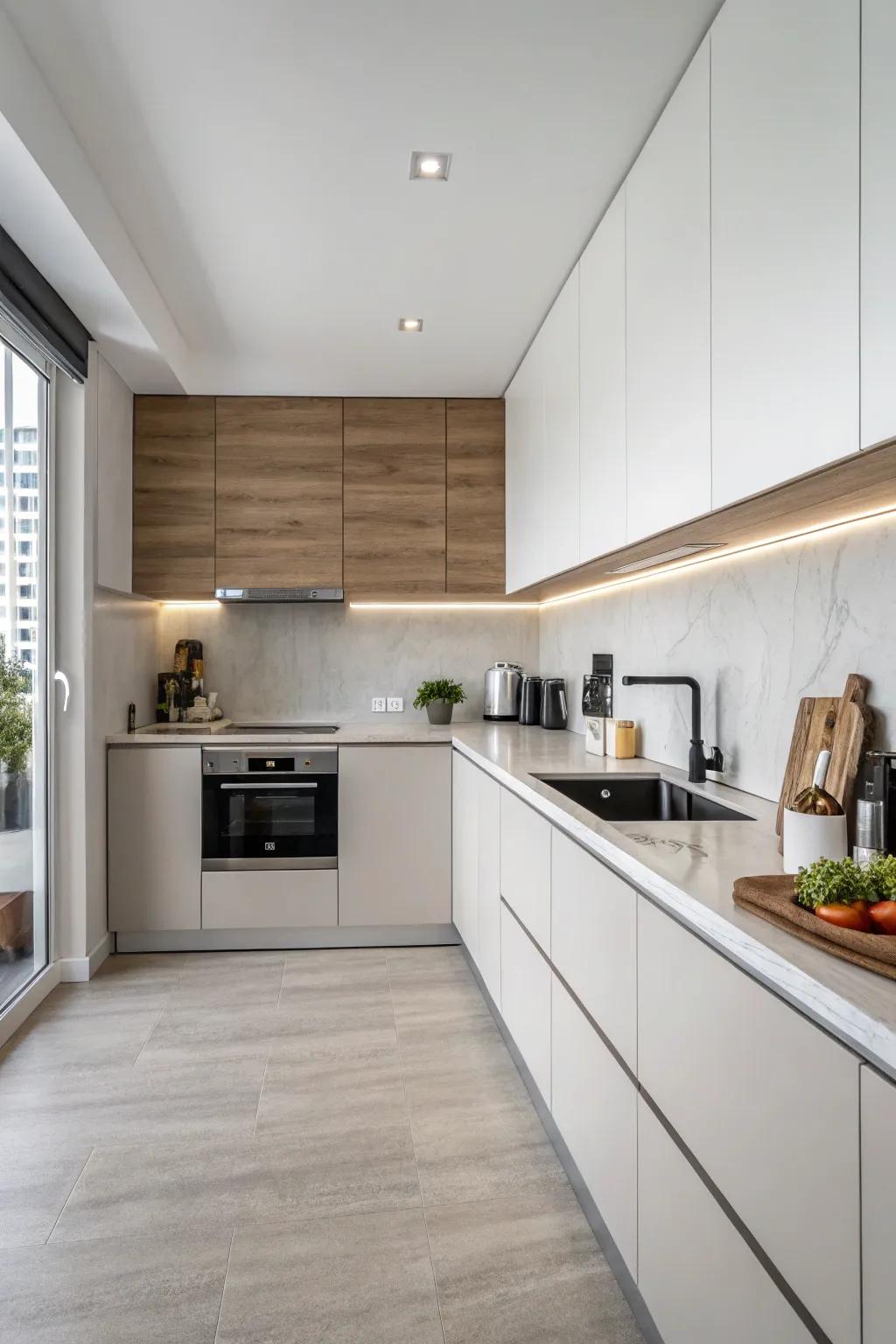 Simple layered backsplash for contemporary, refined aesthetics.