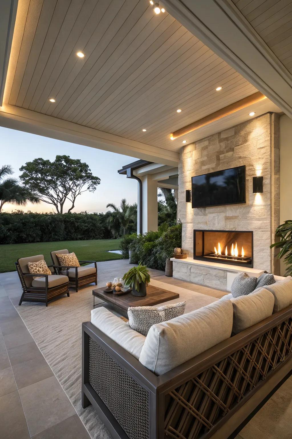 A hearth infuses warmth into this lanai, rendering it ideal for chillier evenings.