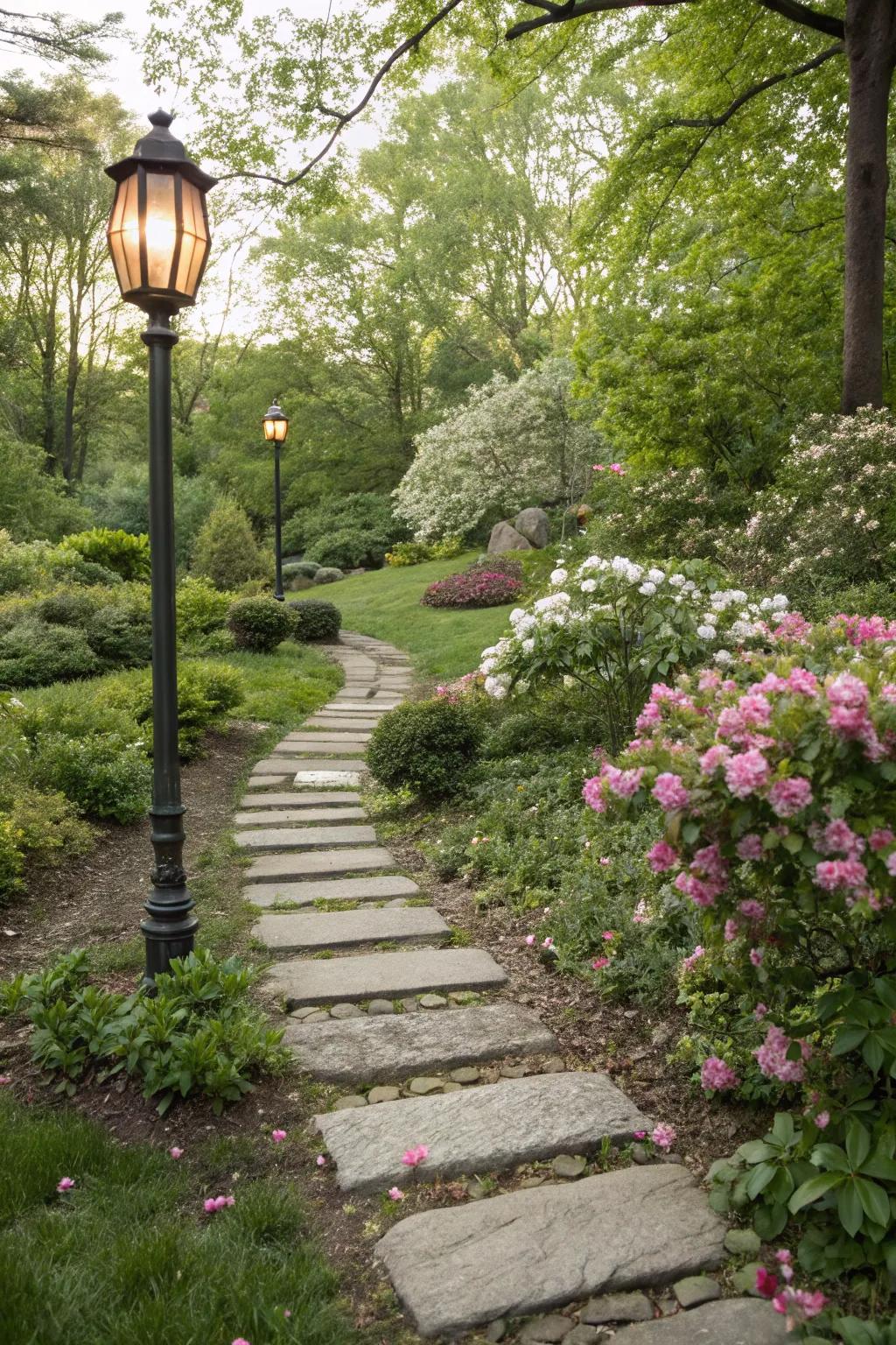 A fanciful footpath guiding to a garden lamp post.