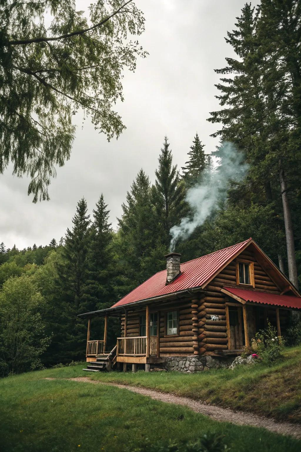 A quaint log cabin nestled amidst the forest.