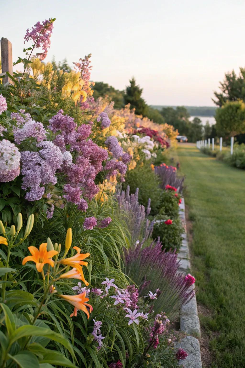 Lilacs intermingle exquisitely with supplementary perennials in an assorted border.