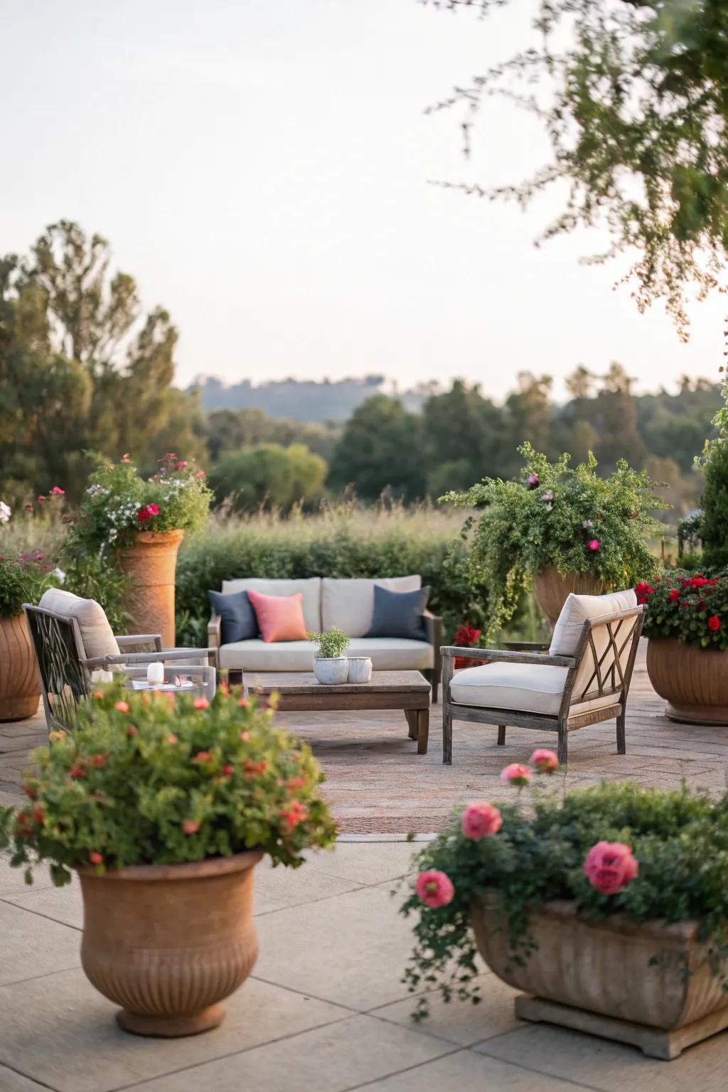 Enhance your outdoor lounge through lavish plant pot arrangements.