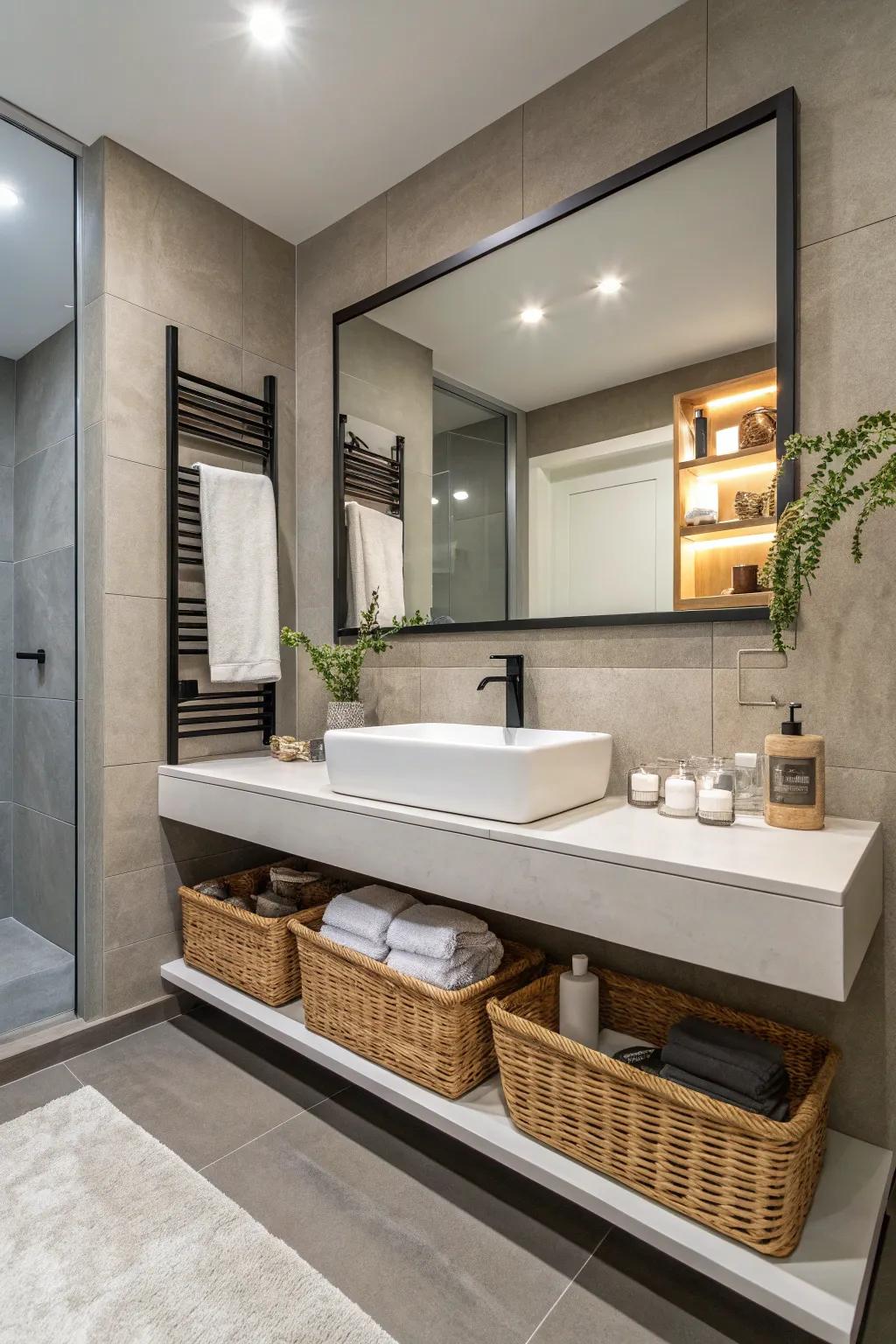 Suspended ledges under mirrors provide both flair and practicality.