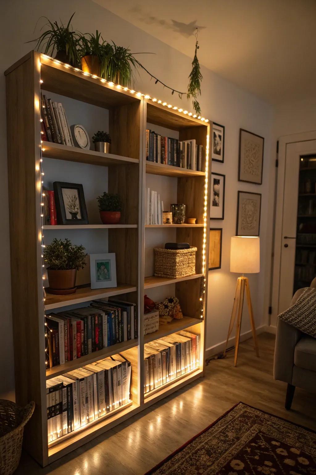 Focused lighting emphasizes and warms up this stylish bookshelf arrangement.