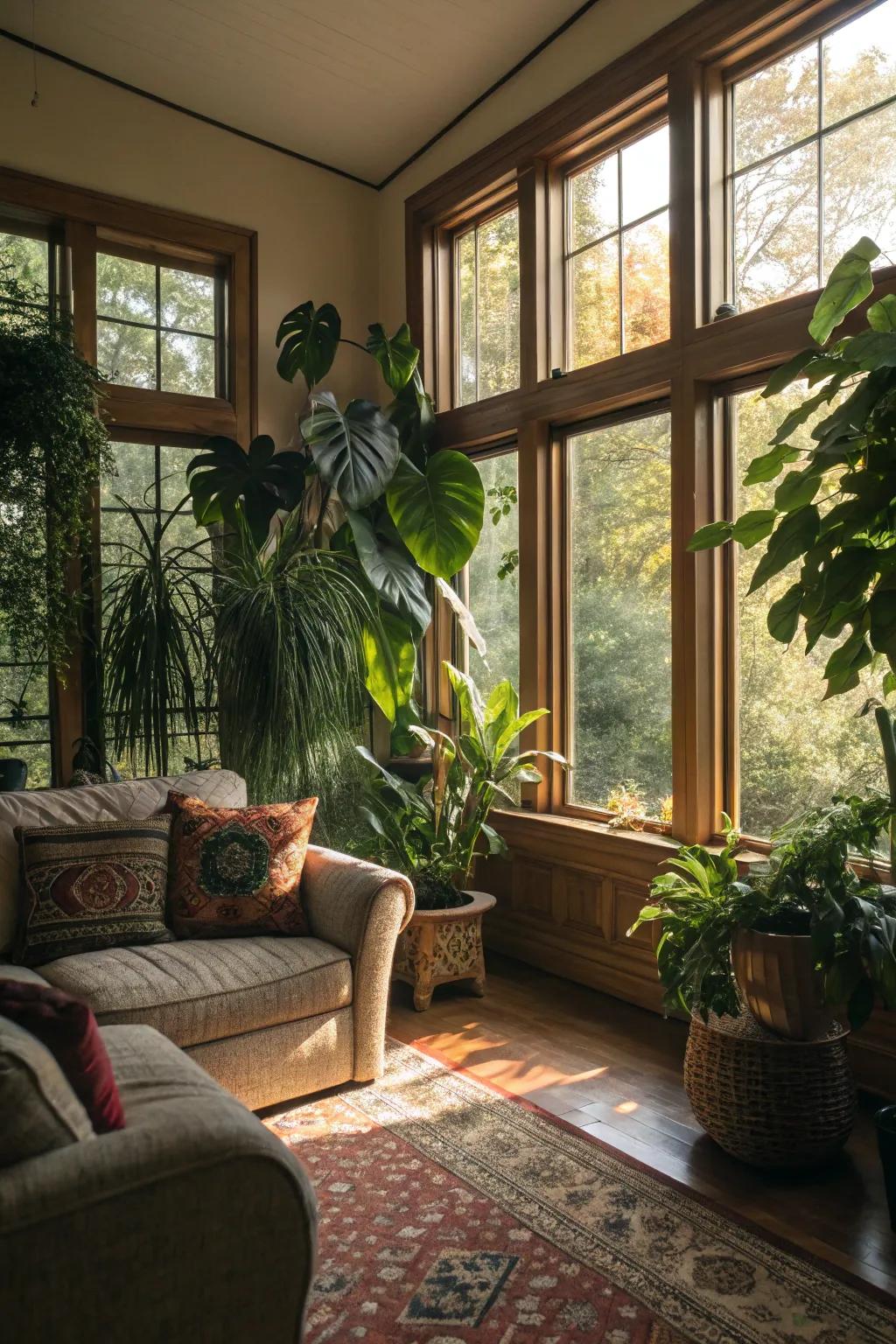 Indoor greenery enhancing and blending with the natural landscape outside.