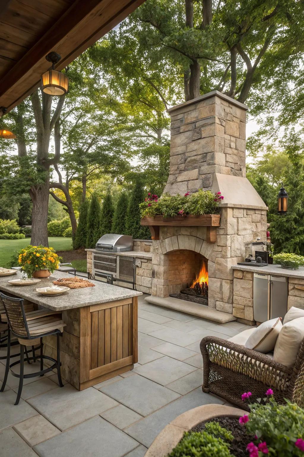 An attractive outdoor cooking area with a cozy fireplace.