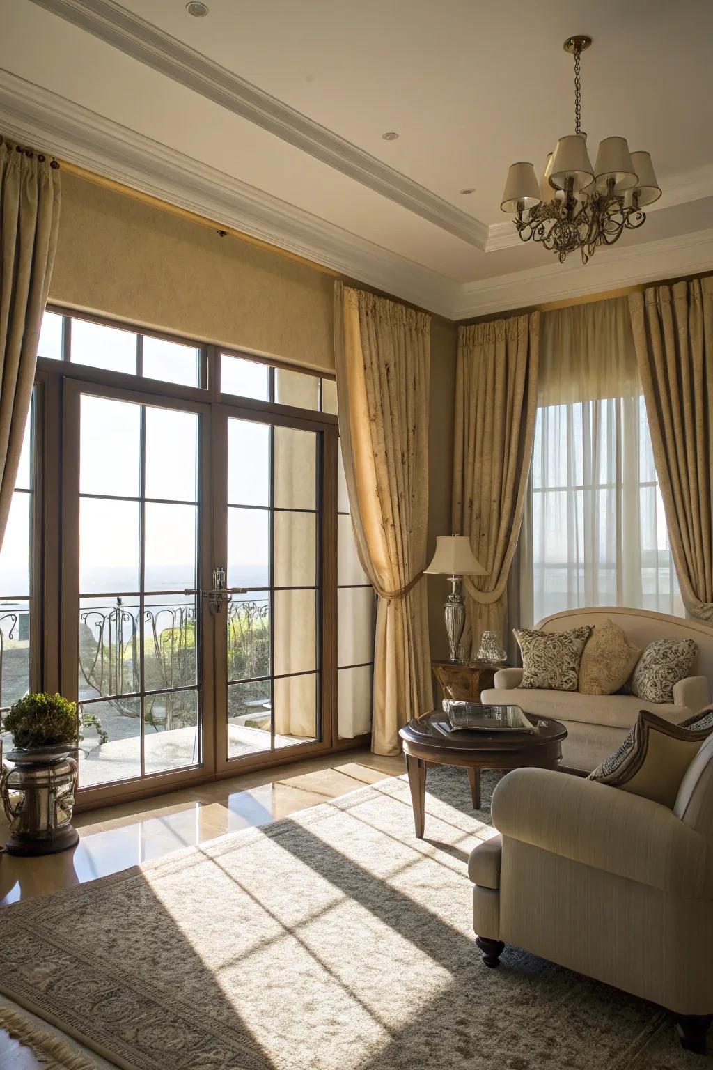 Sliding curtains gracefully controlling light and seclusion inside a bright family room.